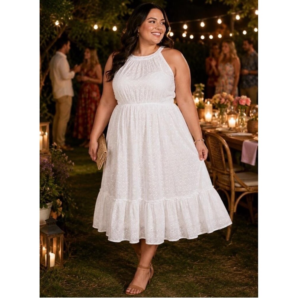 Torrid Halter Midi Dress Women 2X White Voile Eyelet Ruffle Sleeveless - Picture 2 of 12